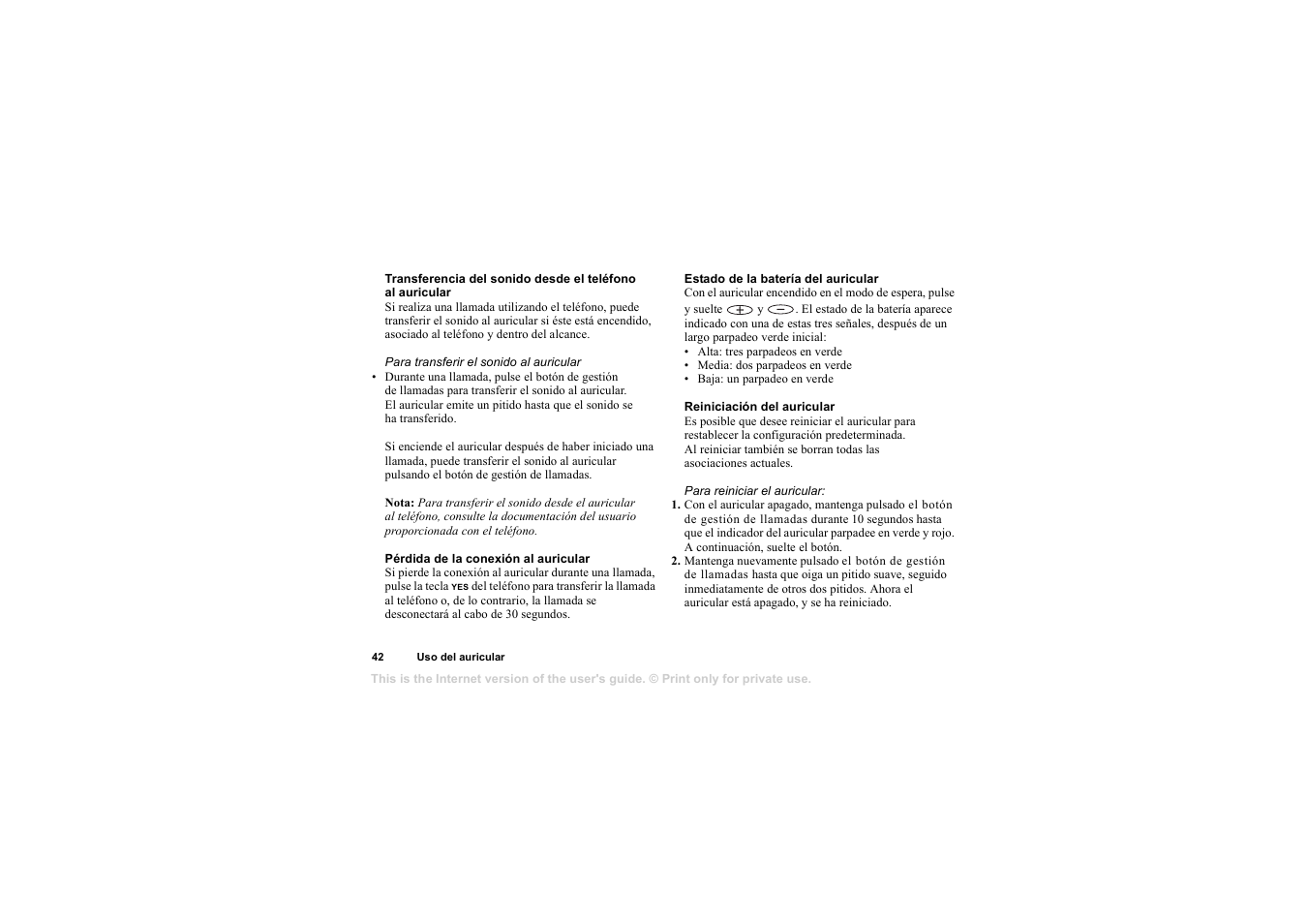 Pérdida de la conexión al auricular, Estado de la batería del auricular, Reiniciación del auricular | Sony HBH-65 User Manual | Page 42 / 95