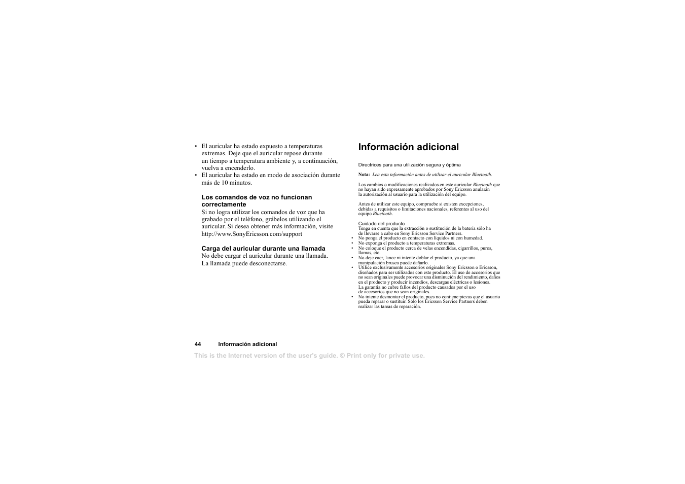 Los comandos de voz no funcionan correctamente, Carga del auricular durante una llamada, Información adicional | Información adicional 44 | Sony HBH-65 User Manual | Page 44 / 95