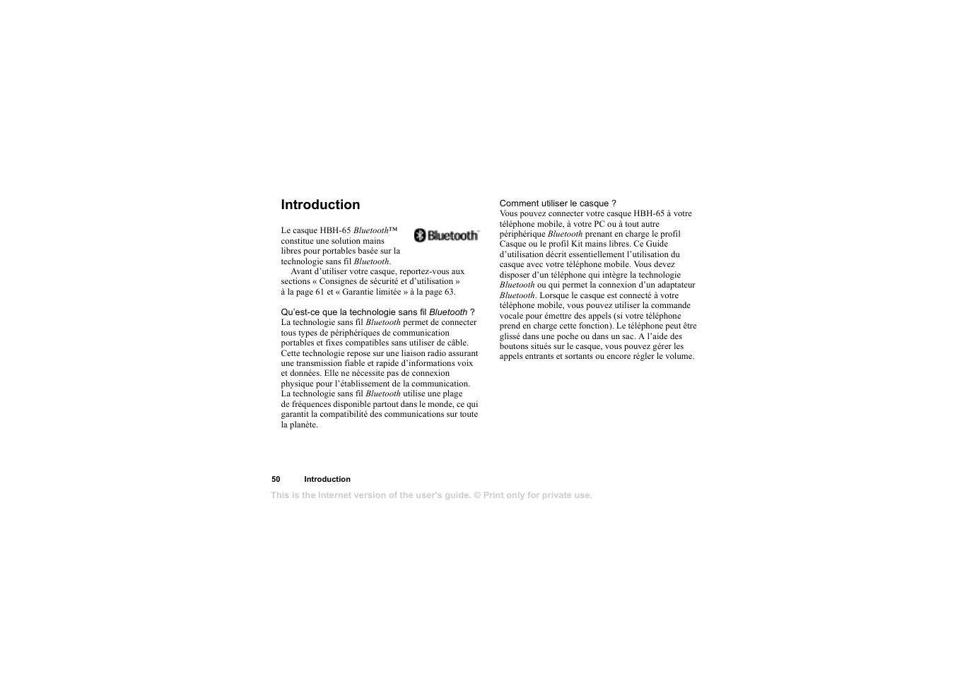 Introduction, Introduction 50 | Sony HBH-65 User Manual | Page 50 / 95
