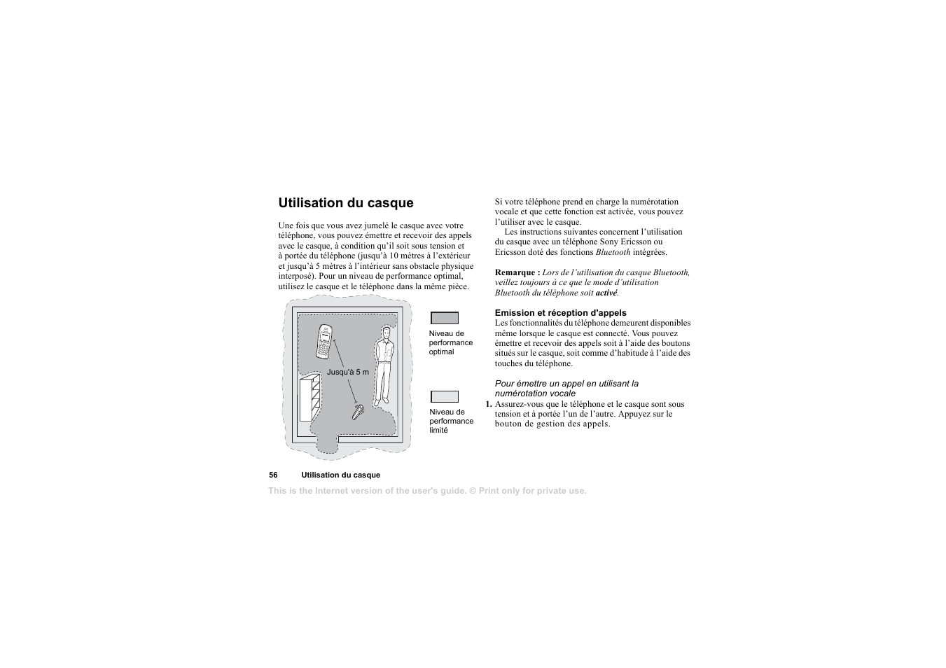 Utilisation du casque, Emission et réception d'appels, Utilisation du casque 56 | Sony HBH-65 User Manual | Page 56 / 95