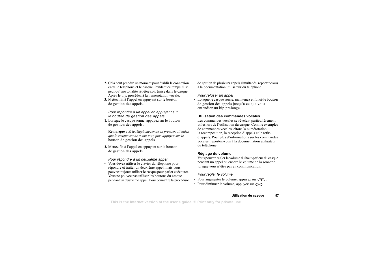 Utilisation des commandes vocales, Réglage du volume | Sony HBH-65 User Manual | Page 57 / 95