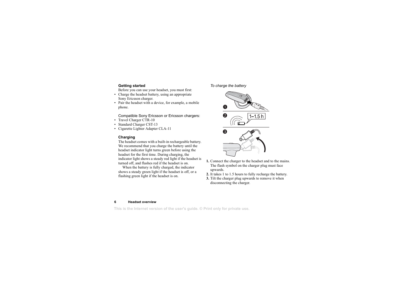 Getting started, Charging | Sony HBH-65 User Manual | Page 6 / 95