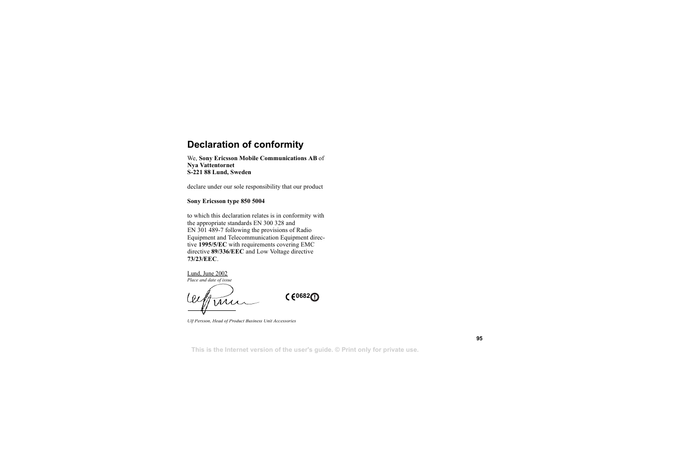 Declaration of conformity 95, Declaration of conformity | Sony HBH-65 User Manual | Page 95 / 95