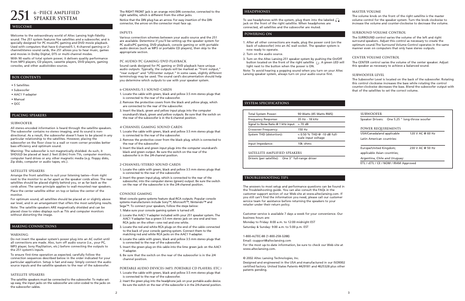 Speaker system, 6 -piece amplified | Sony 251 User Manual | Page 3 / 5