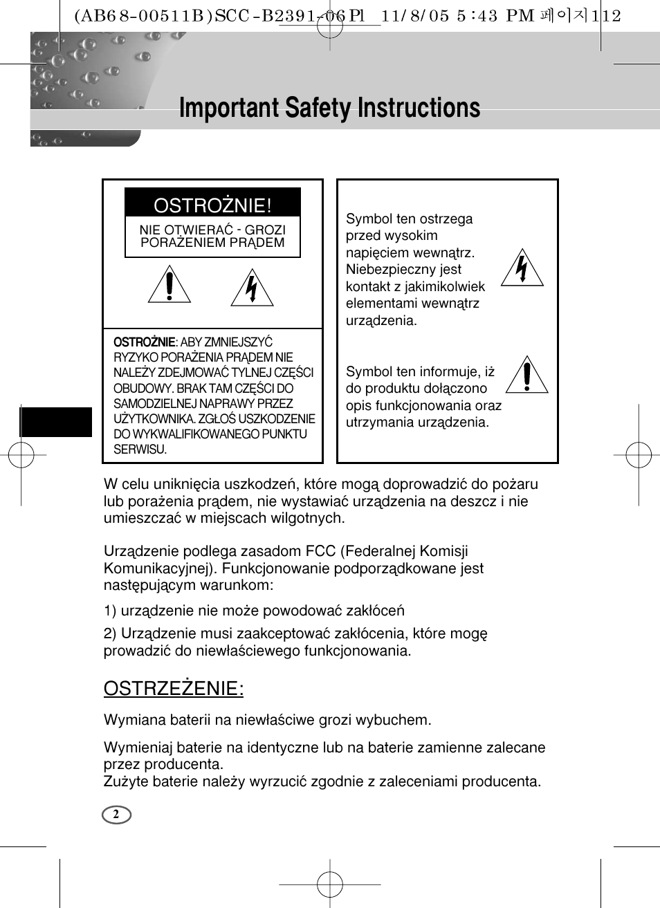 Important safety instructions, Ostrze˚enie, Ostro˚nie | Samsung SCC-B2091P User Manual | Page 122 / 168