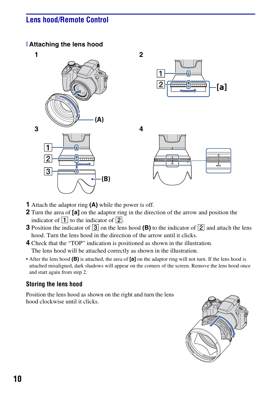 Lens hood/remote control | Sony Cyber-shot DSC-H50 User Manual | Page 10 / 88