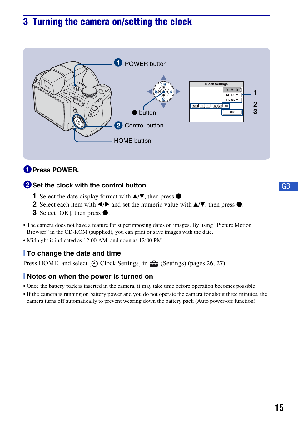 3 turning the camera on/setting the clock | Sony Cyber-shot DSC-H50 User Manual | Page 15 / 88