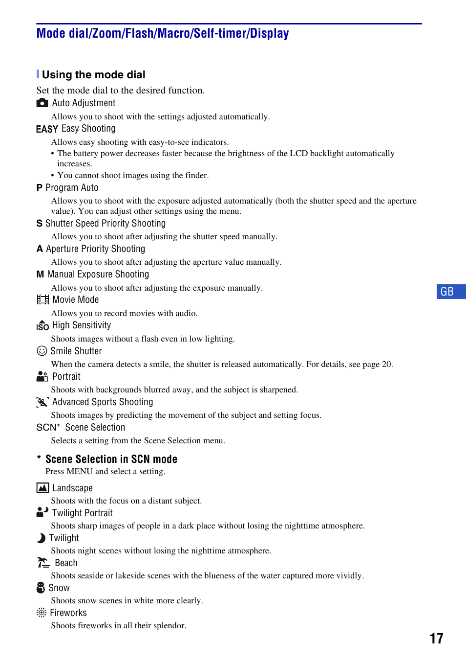 Mode dial/zoom/flash/macro/self-timer/display | Sony Cyber-shot DSC-H50 User Manual | Page 17 / 88