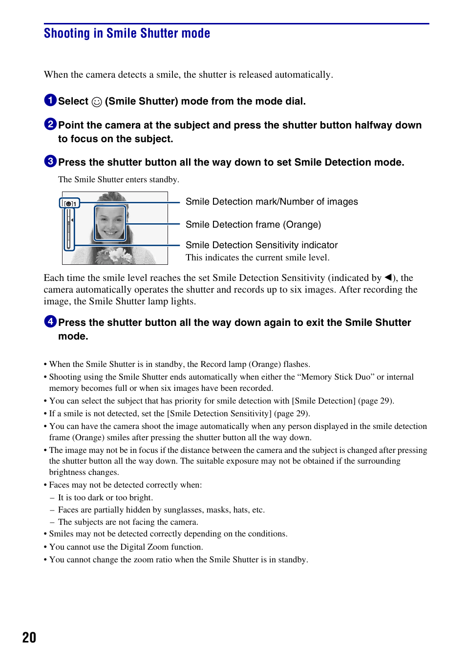 Shooting in smile shutter mode | Sony Cyber-shot DSC-H50 User Manual | Page 20 / 88