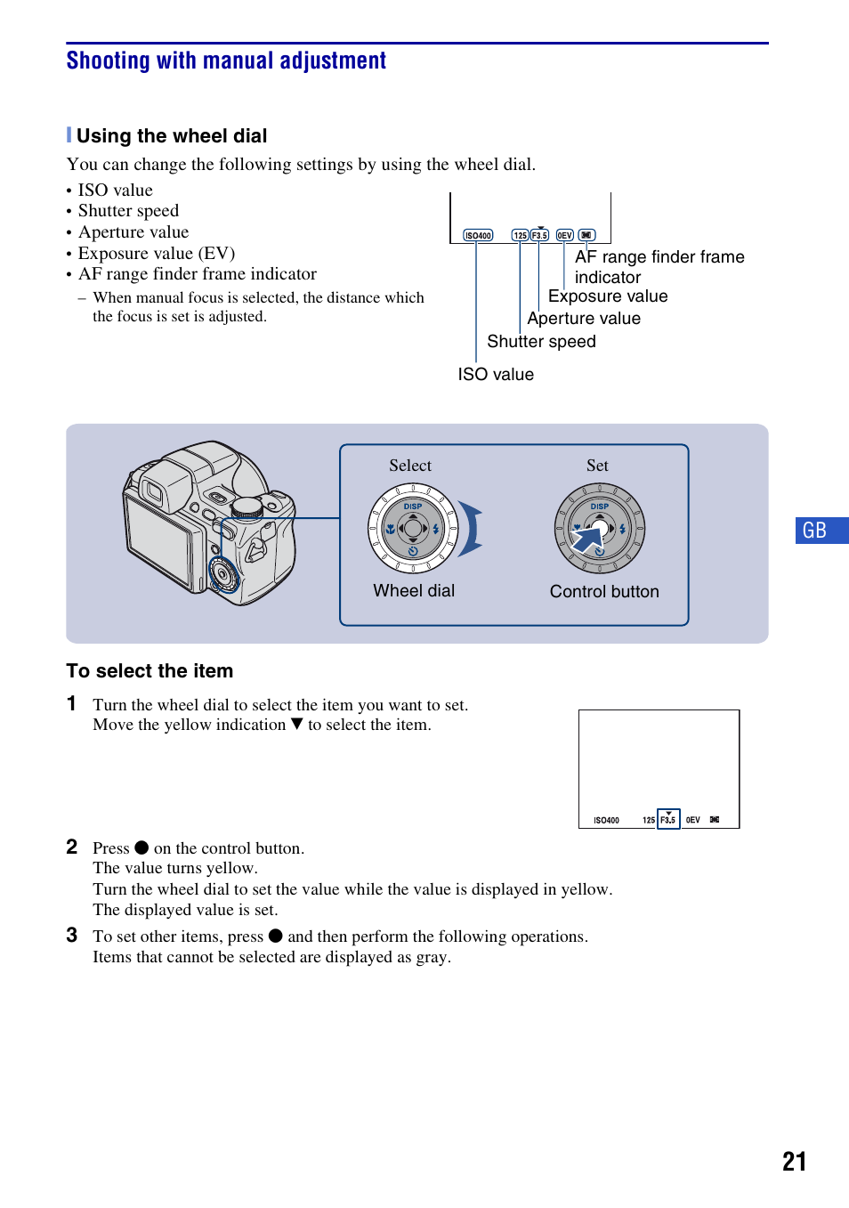 Shooting with manual adjustment | Sony Cyber-shot DSC-H50 User Manual | Page 21 / 88