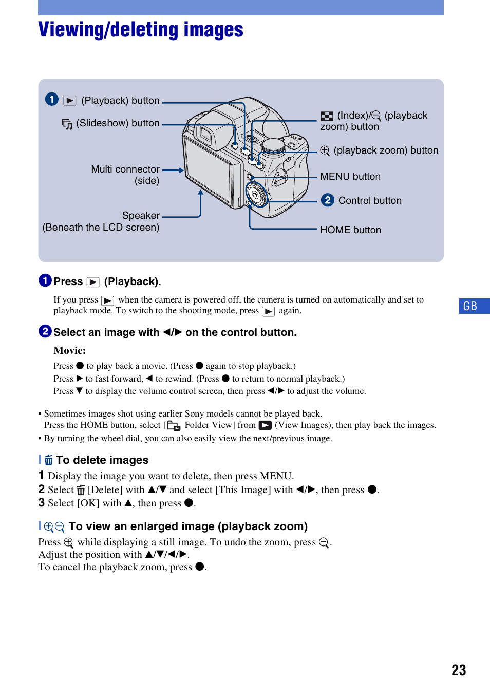 Viewing/deleting images | Sony Cyber-shot DSC-H50 User Manual | Page 23 / 88