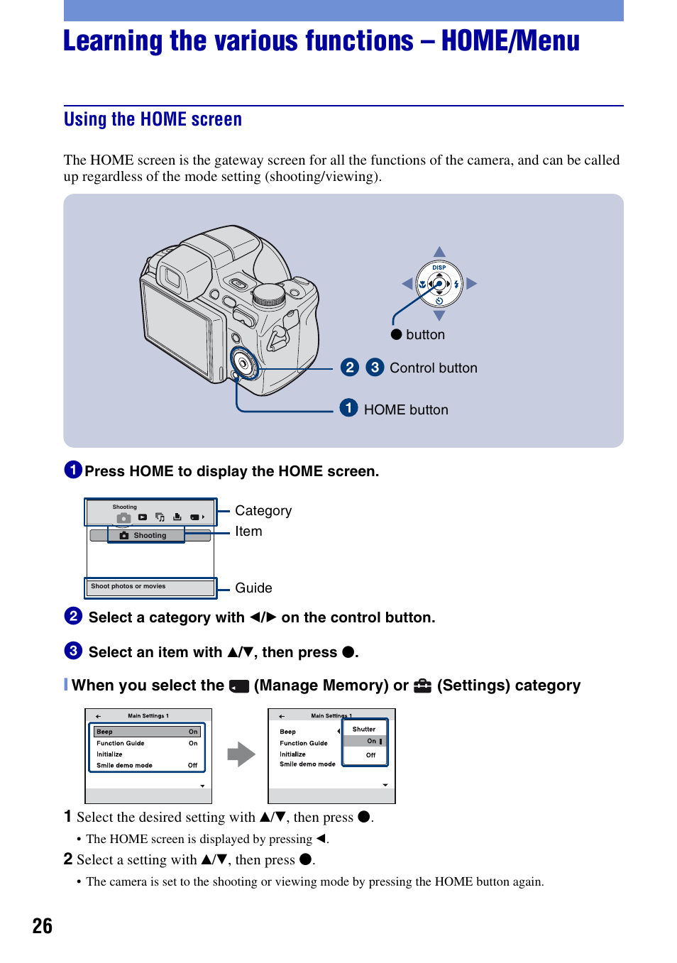 Learning the various functions – home/menu, Using the home screen | Sony Cyber-shot DSC-H50 User Manual | Page 26 / 88