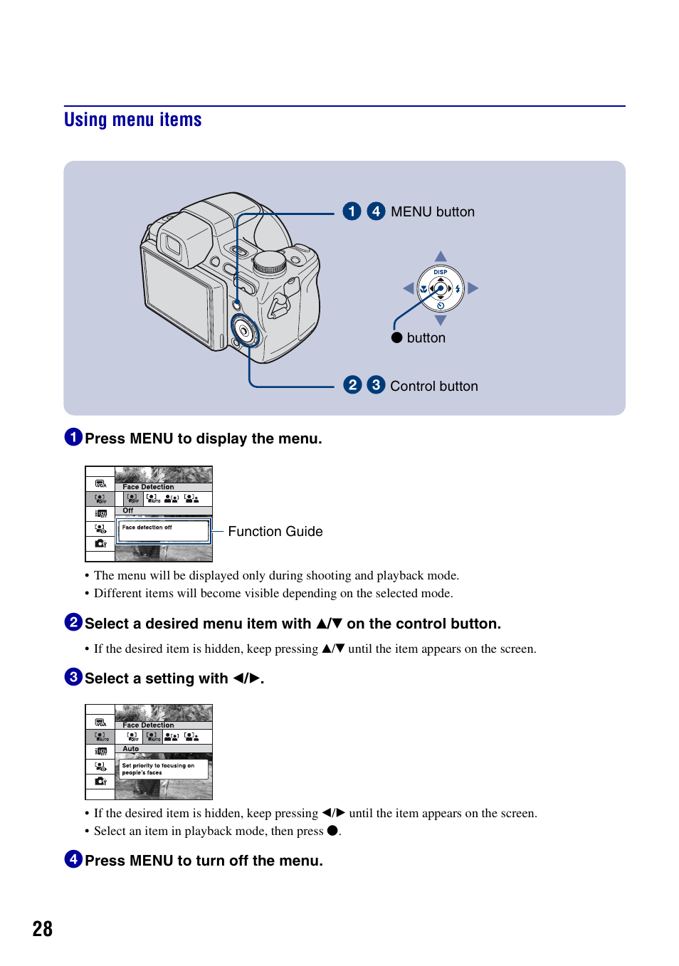 Using menu items, Using menu items 1 | Sony Cyber-shot DSC-H50 User Manual | Page 28 / 88