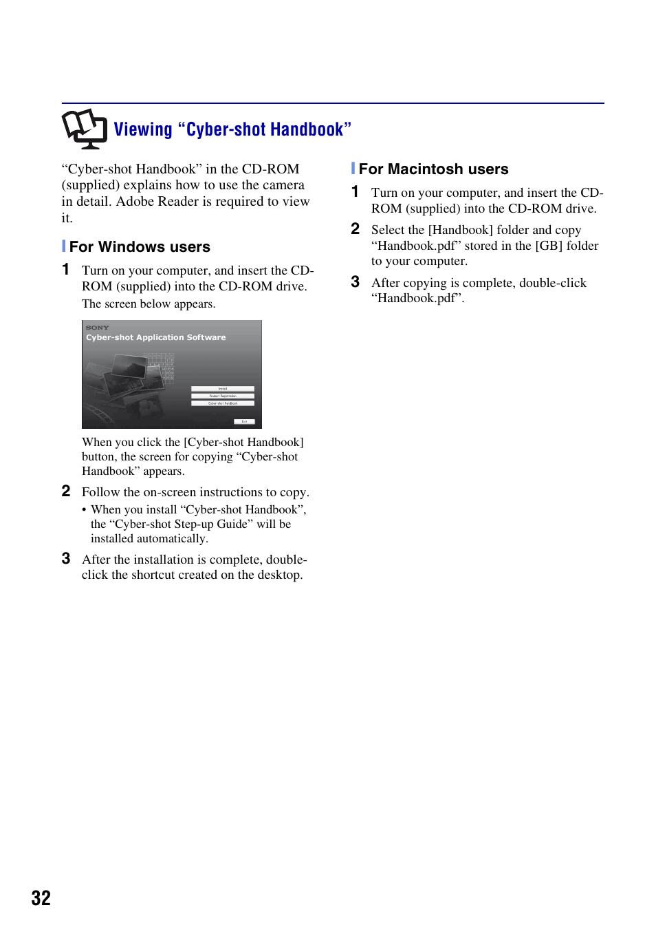 Viewing “cyber-shot handbook | Sony Cyber-shot DSC-H50 User Manual | Page 32 / 88