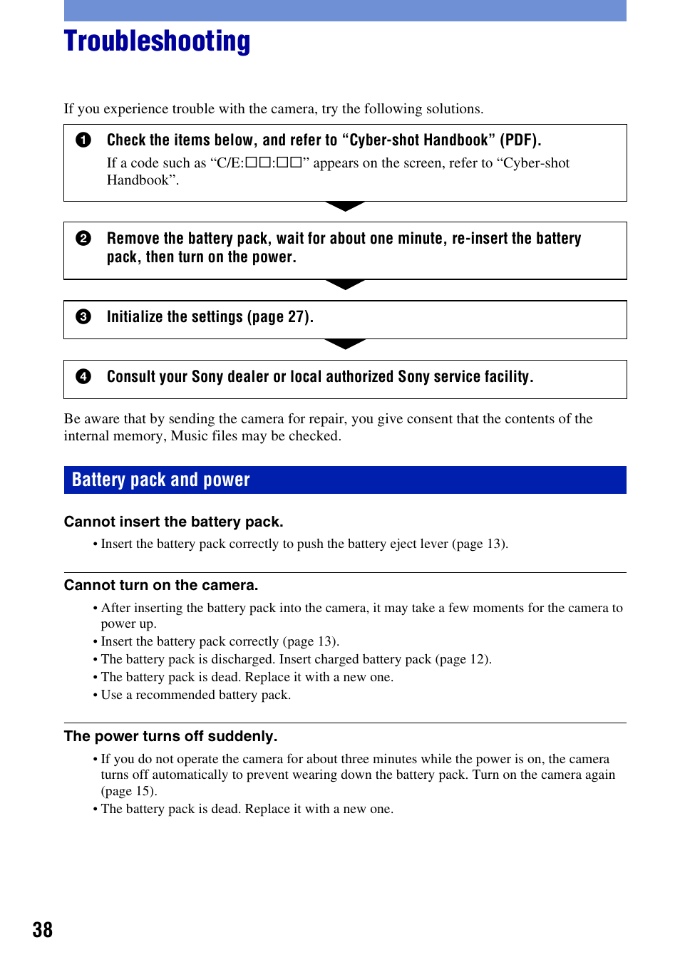 Troubleshooting, Battery pack and power | Sony Cyber-shot DSC-H50 User Manual | Page 38 / 88