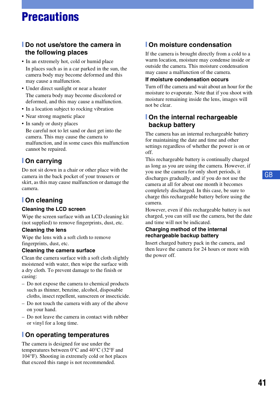 Precautions | Sony Cyber-shot DSC-H50 User Manual | Page 41 / 88