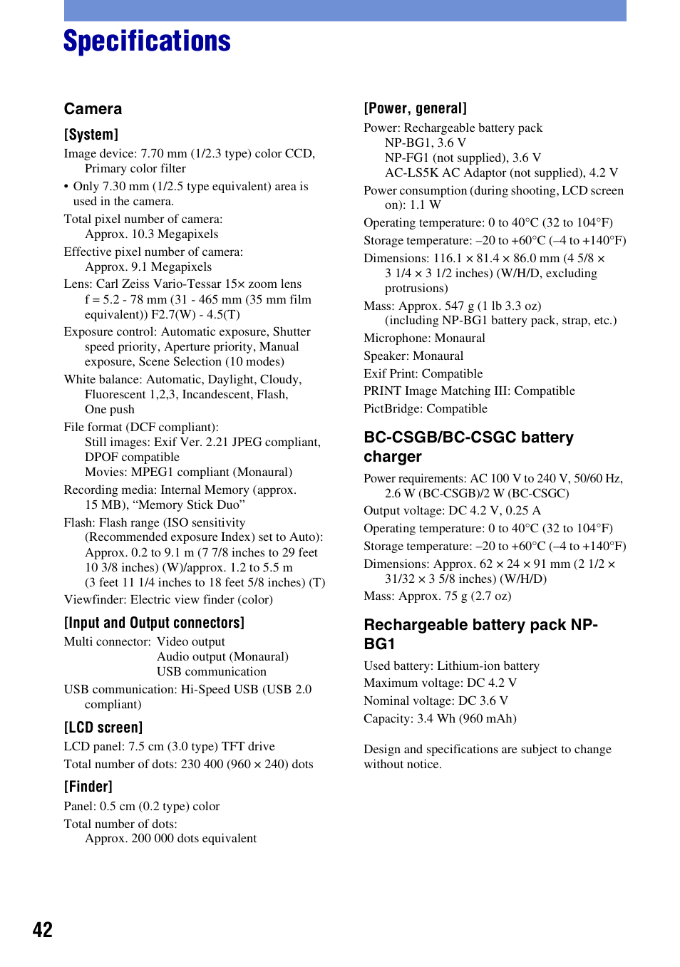 Specifications | Sony Cyber-shot DSC-H50 User Manual | Page 42 / 88