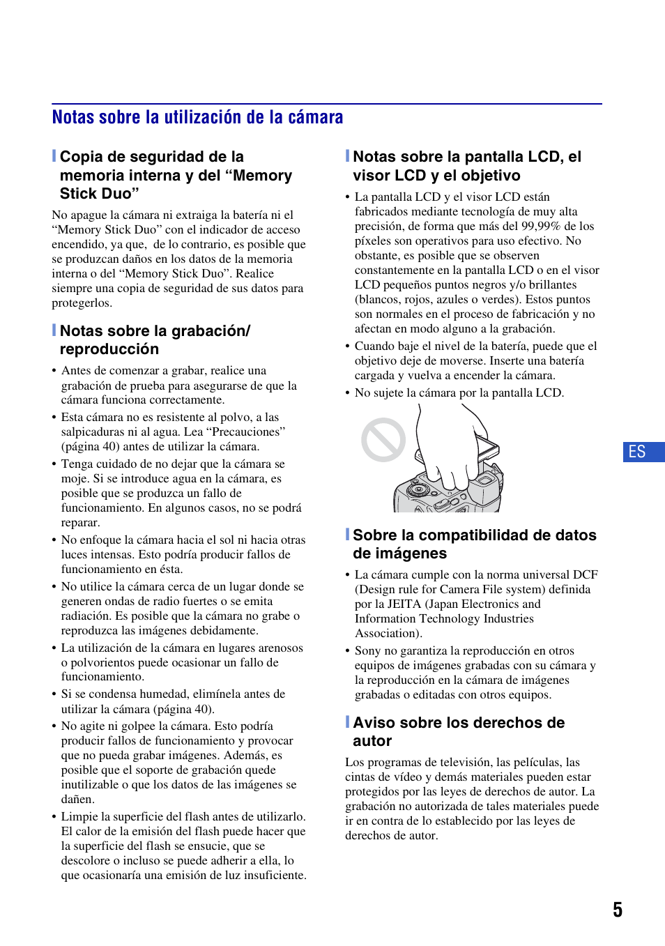 Notas sobre la utilización de la cámara | Sony Cyber-shot DSC-H50 User Manual | Page 47 / 88