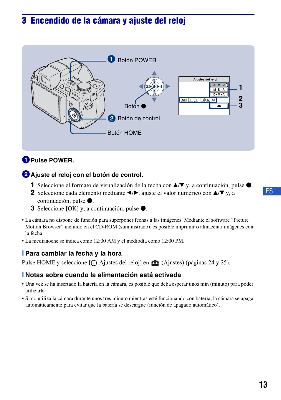 3 encendido de la cámara y ajuste del reloj | Sony Cyber-shot DSC-H50 User Manual | Page 55 / 88