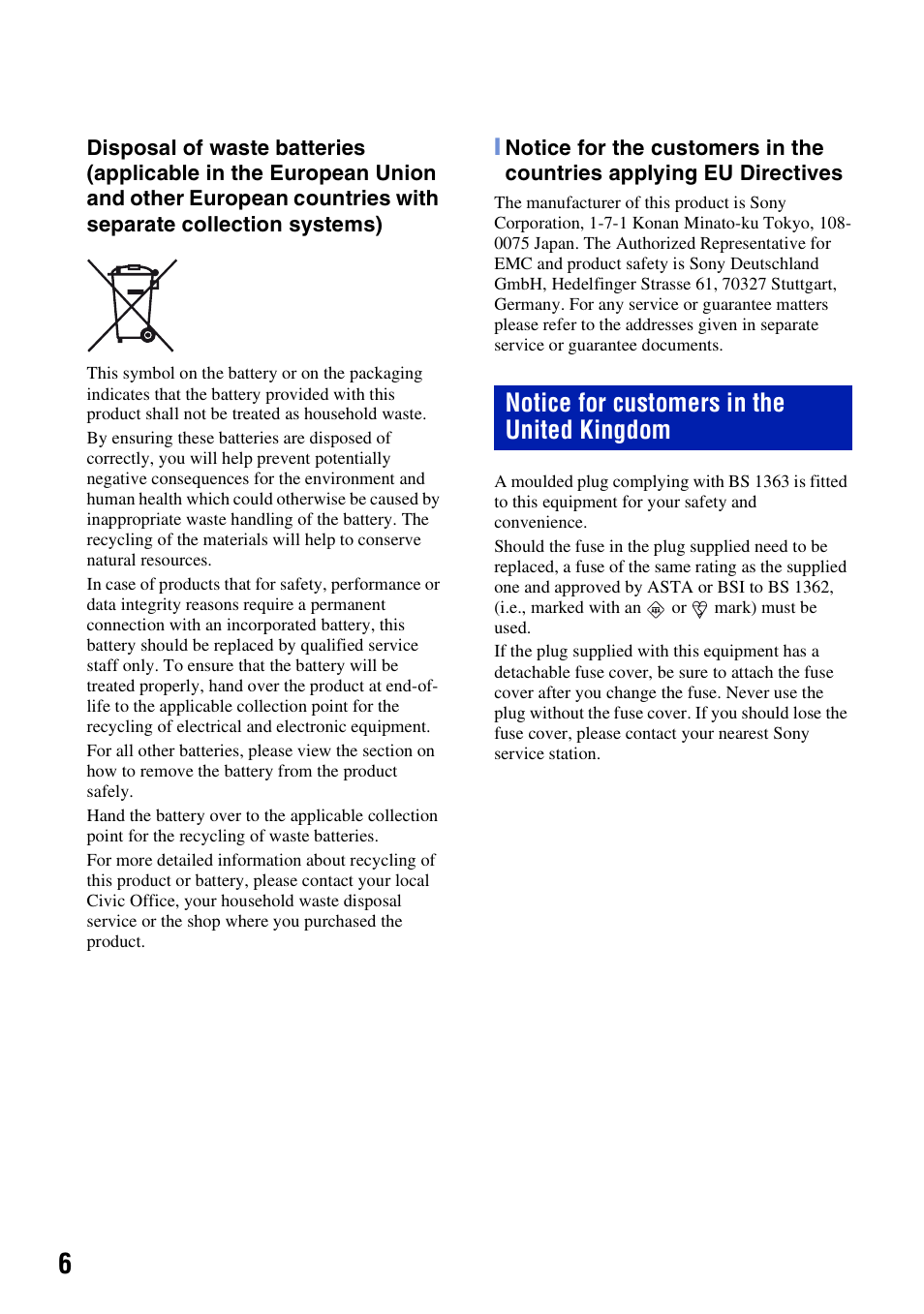 Notice for customers in the united kingdom | Sony Cyber-shot DSC-H50 User Manual | Page 6 / 88