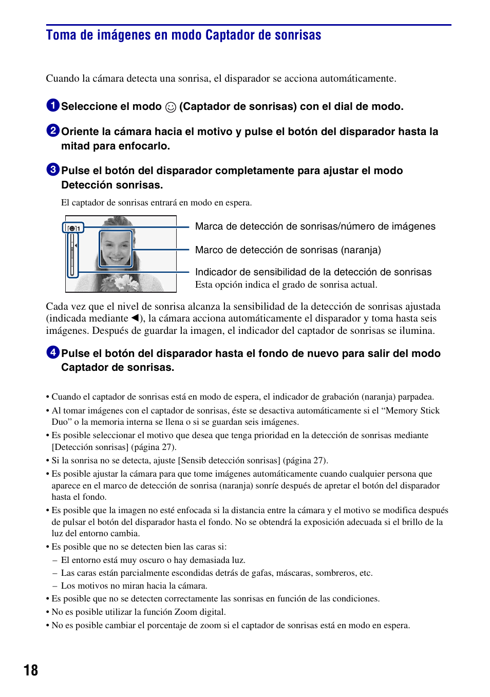 Toma de imágenes en modo captador de sonrisas | Sony Cyber-shot DSC-H50 User Manual | Page 60 / 88