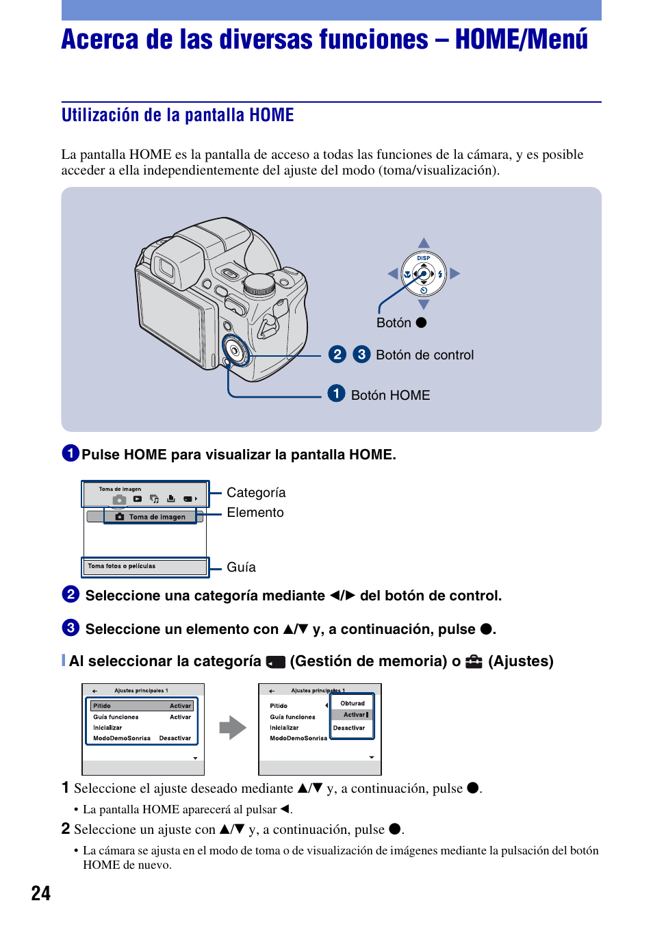 Acerca de las diversas funciones – home/menú, Utilización de la pantalla home | Sony Cyber-shot DSC-H50 User Manual | Page 66 / 88