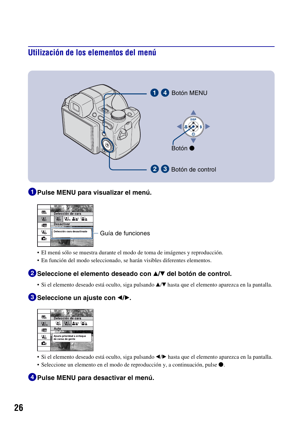 Utilización de los elementos del menú, Utilización de los elementos del menú 1 | Sony Cyber-shot DSC-H50 User Manual | Page 68 / 88