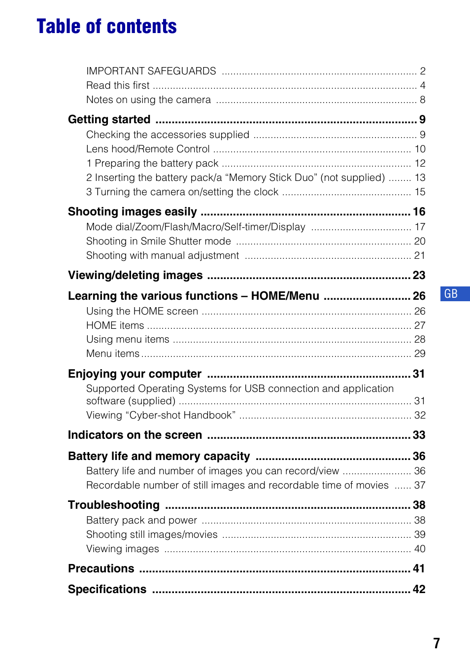 Sony Cyber-shot DSC-H50 User Manual | Page 7 / 88
