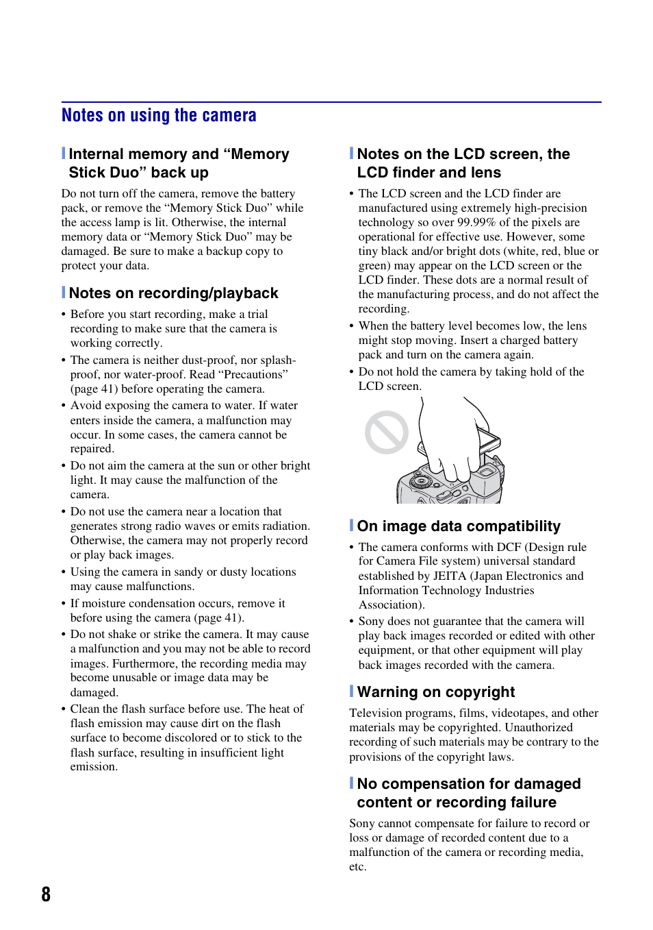 Notes on using the camera | Sony Cyber-shot DSC-H50 User Manual | Page 8 / 88