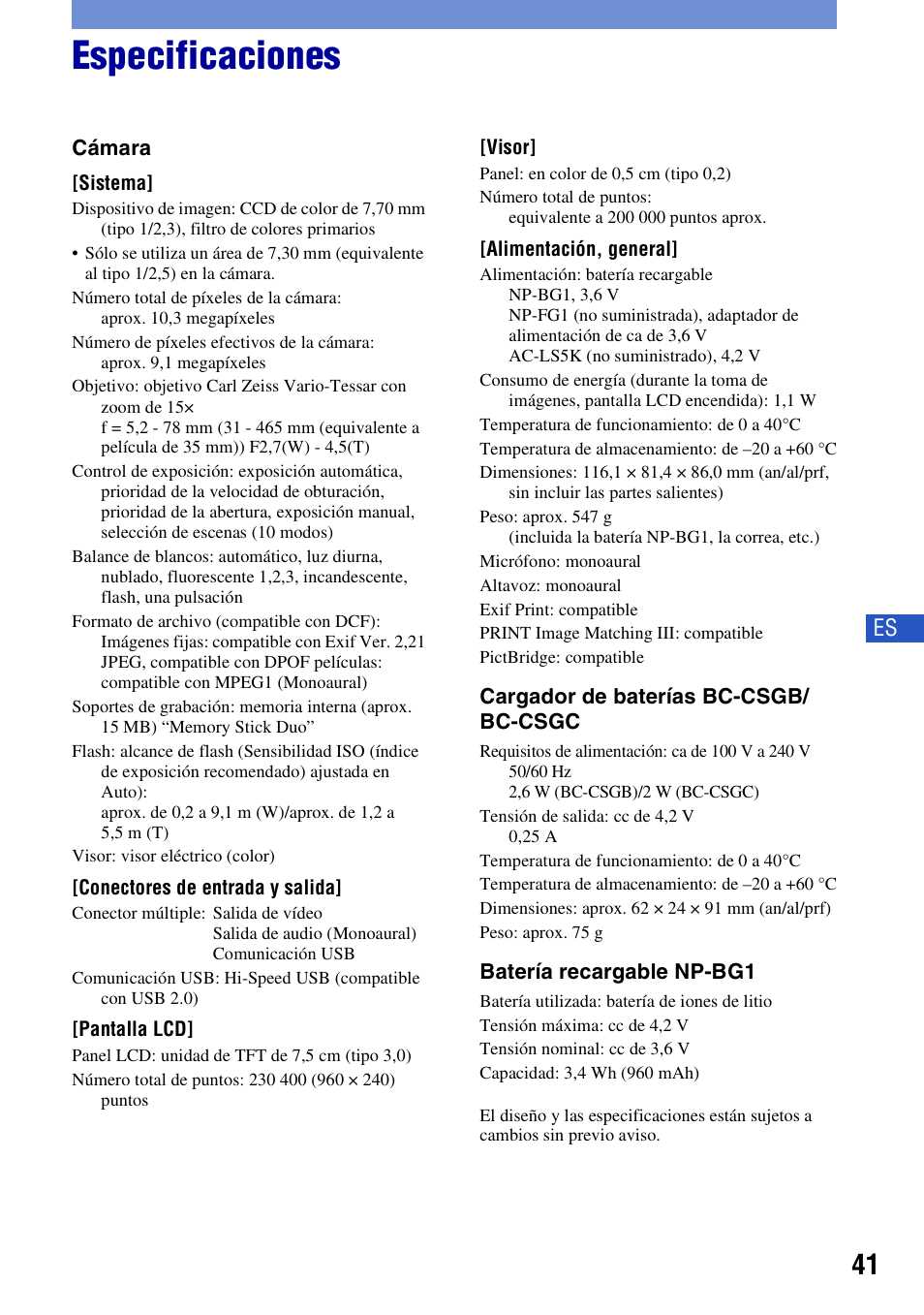 Especificaciones | Sony Cyber-shot DSC-H50 User Manual | Page 83 / 88