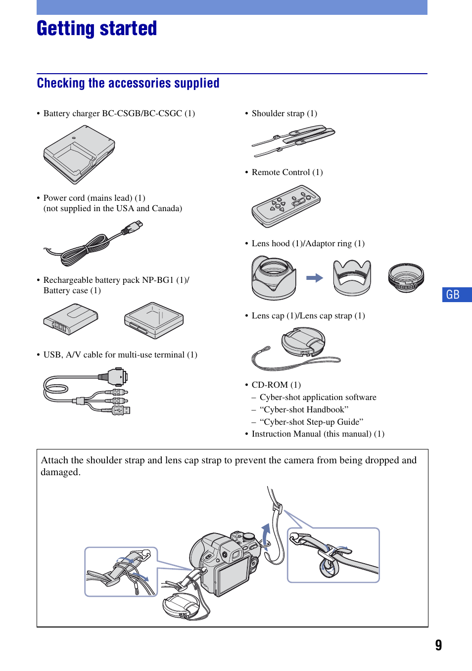 Getting started, Checking the accessories supplied | Sony Cyber-shot DSC-H50 User Manual | Page 9 / 88