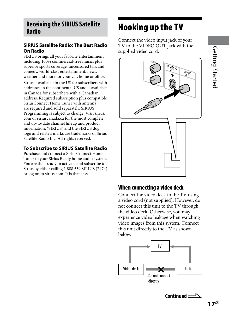 Hooking up the tv, Receiving the sirius satellite radio, Getting s tar ted | When connecting a video deck | Sony CMT-DH7BT User Manual | Page 17 / 92