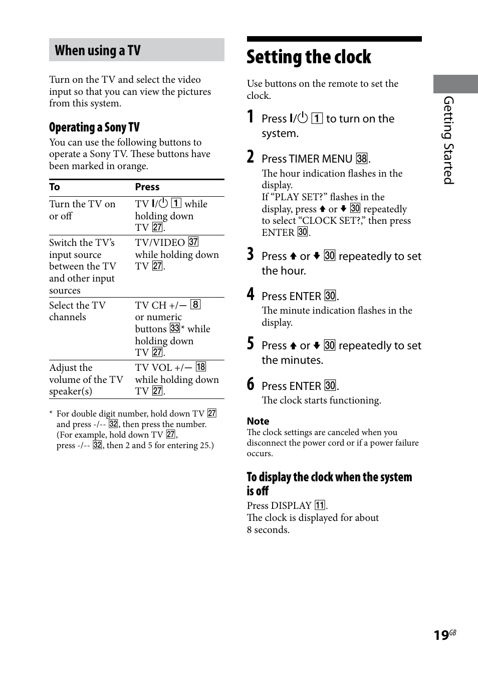 Setting the clock, When using a tv, Getting s tar ted | Operating a sony tv | Sony CMT-DH7BT User Manual | Page 19 / 92