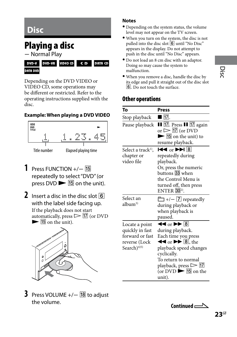 Disc, Playing a disc, Normal play | Playing a disc  normal play, Other operations | Sony CMT-DH7BT User Manual | Page 23 / 92