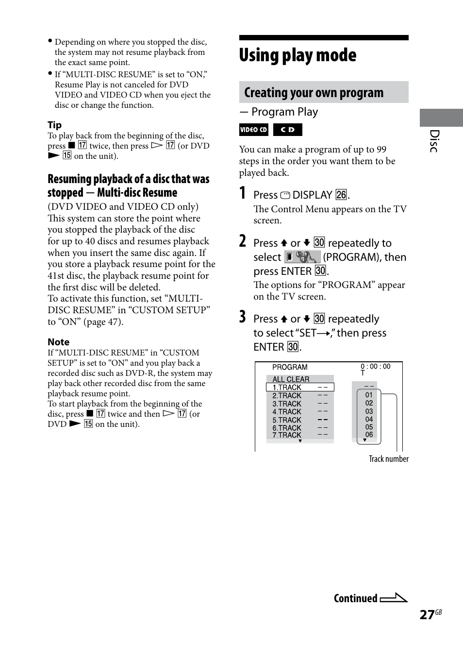 Using play mode, Creating your own program, Disc | Sony CMT-DH7BT User Manual | Page 27 / 92
