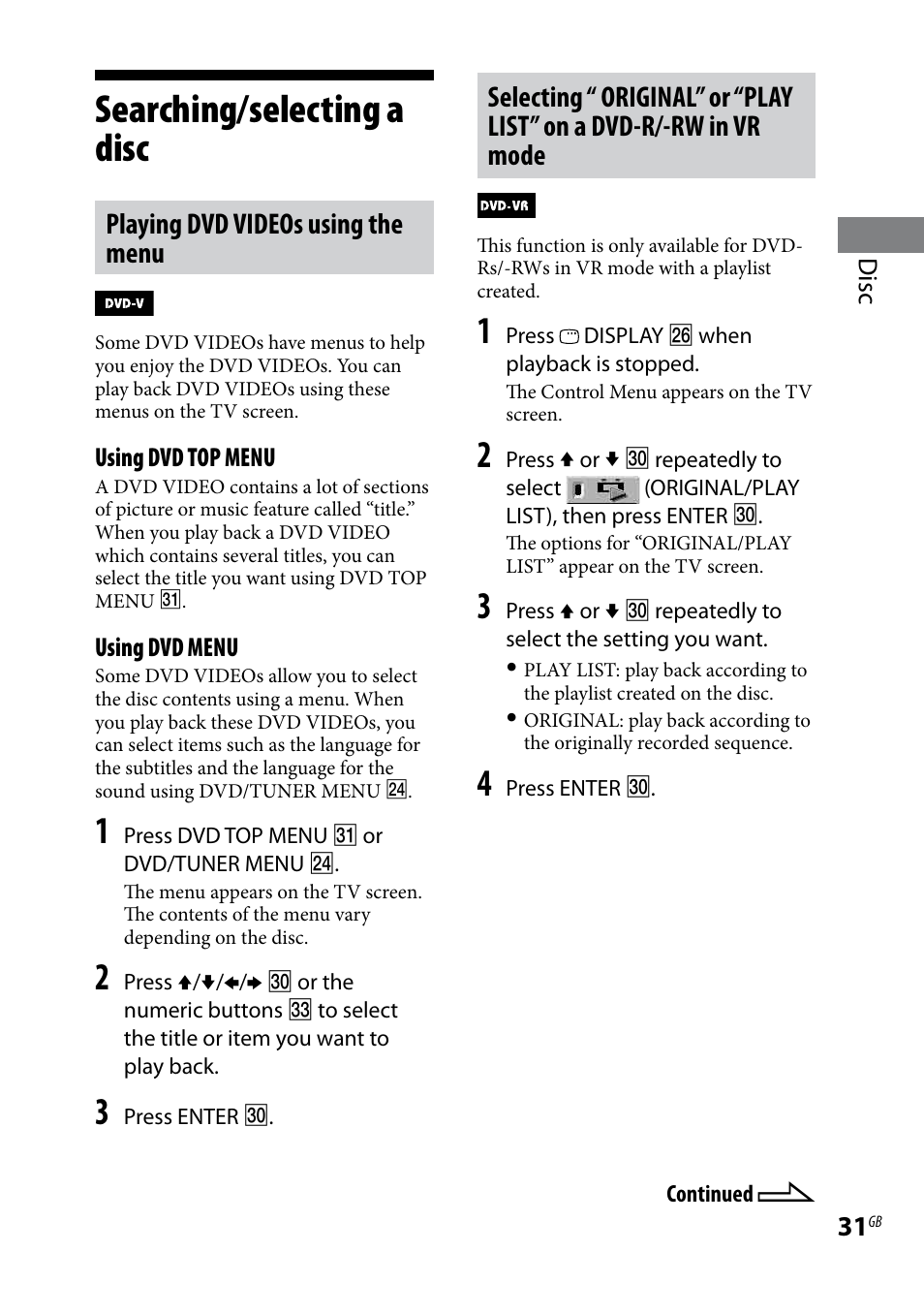 Searching/selecting a disc, Playing dvd videos using the menu | Sony CMT-DH7BT User Manual | Page 31 / 92