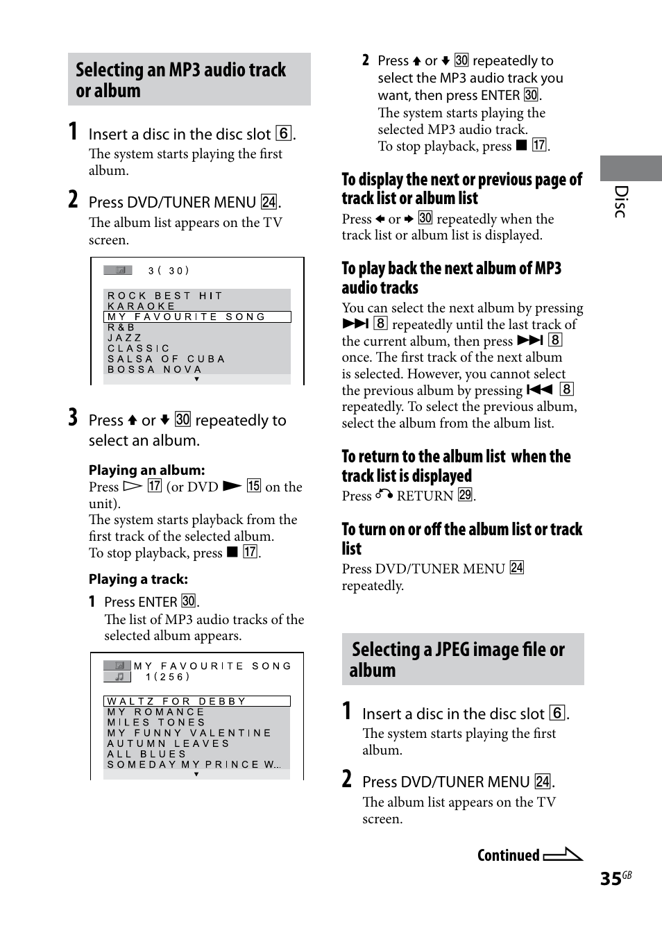 Selecting an mp3 audio track or album, Selecting a jpeg image file or album, Disc | Sony CMT-DH7BT User Manual | Page 35 / 92