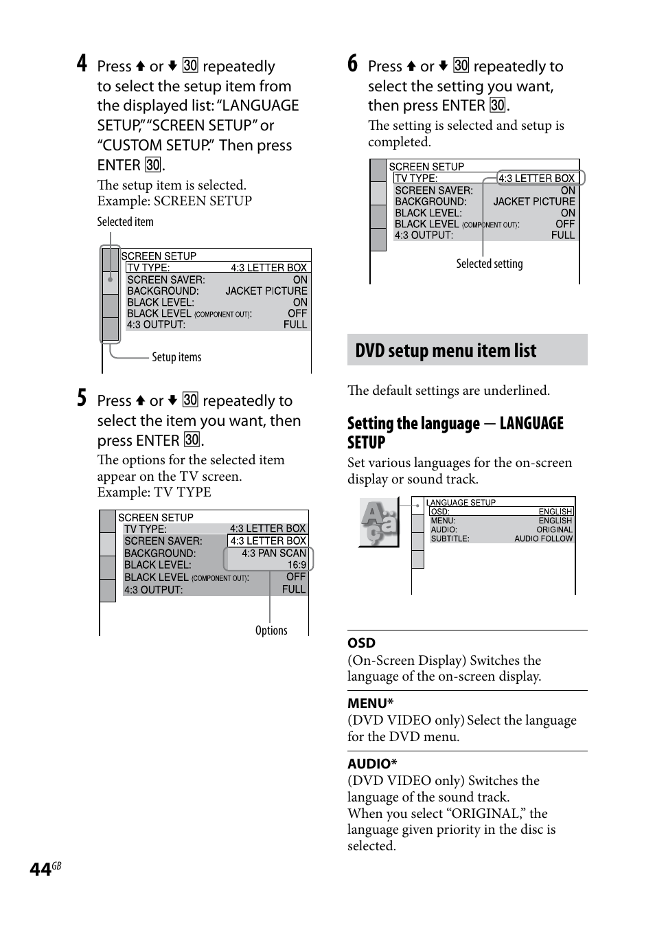 Dvd setup menu item list, Setting the language  language setup | Sony CMT-DH7BT User Manual | Page 44 / 92