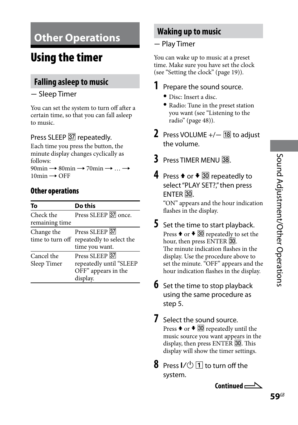 Other operations, Using the timer, Falling asleep to music | Waking up to music | Sony CMT-DH7BT User Manual | Page 59 / 92