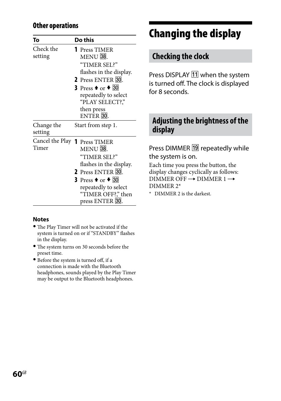 Changing the display, Checking the clock, Adjusting the brightness of the display | Other operations | Sony CMT-DH7BT User Manual | Page 60 / 92