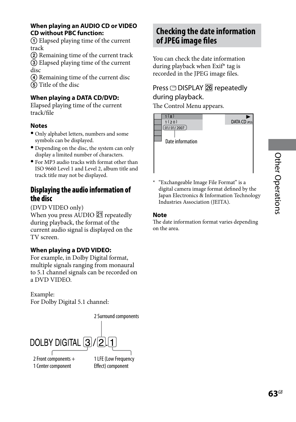 Checking the date information of jpeg image files, Other oper ations, Displaying the audio information of the disc | Sony CMT-DH7BT User Manual | Page 63 / 92
