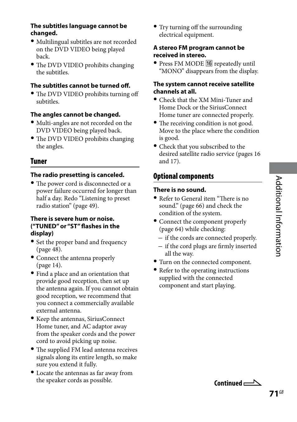 Additional i nf or ma tion, Tuner, Optional components | Sony CMT-DH7BT User Manual | Page 71 / 92