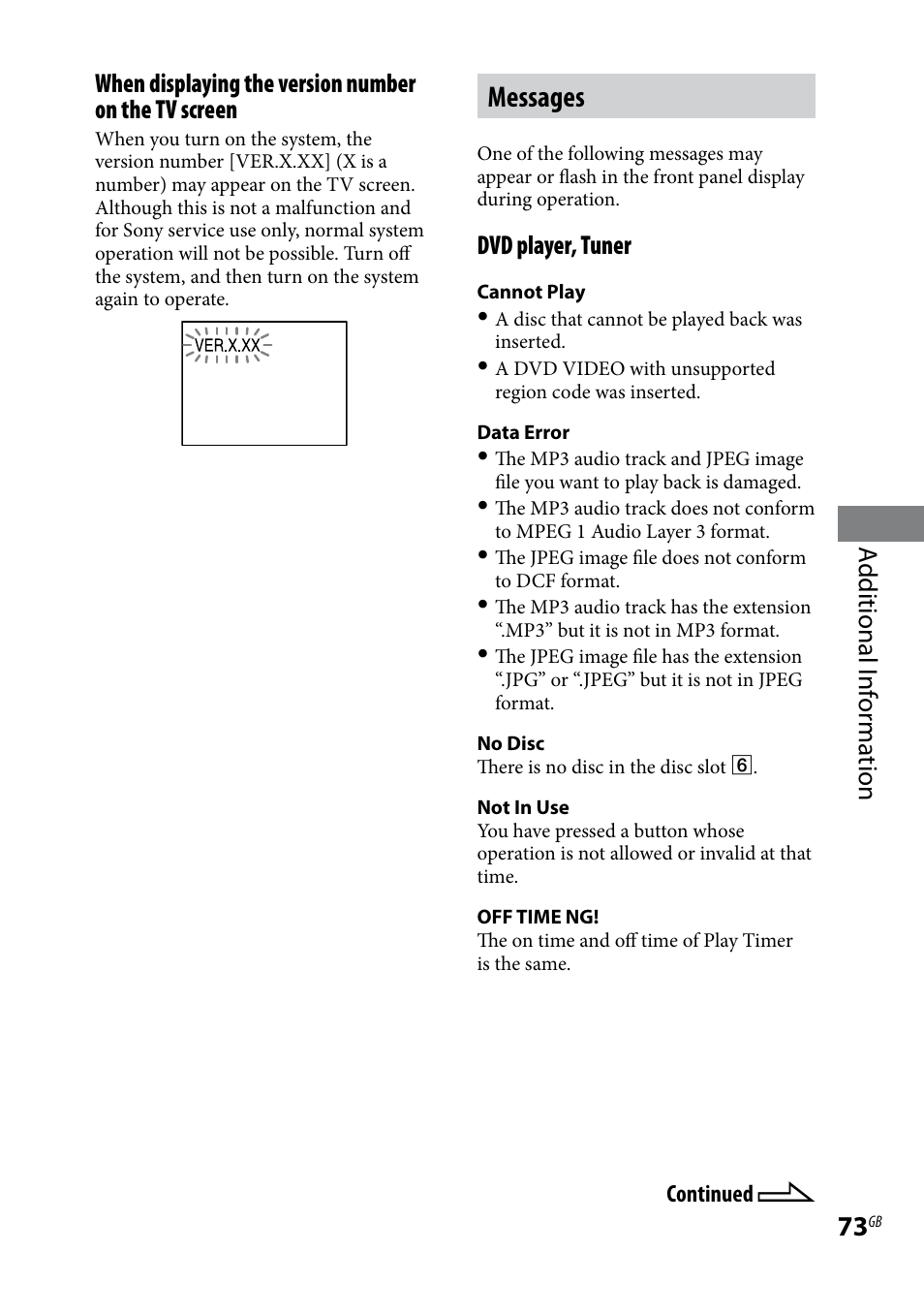 Messages, Additional i nf or ma tion, Dvd player, tuner | Sony CMT-DH7BT User Manual | Page 73 / 92