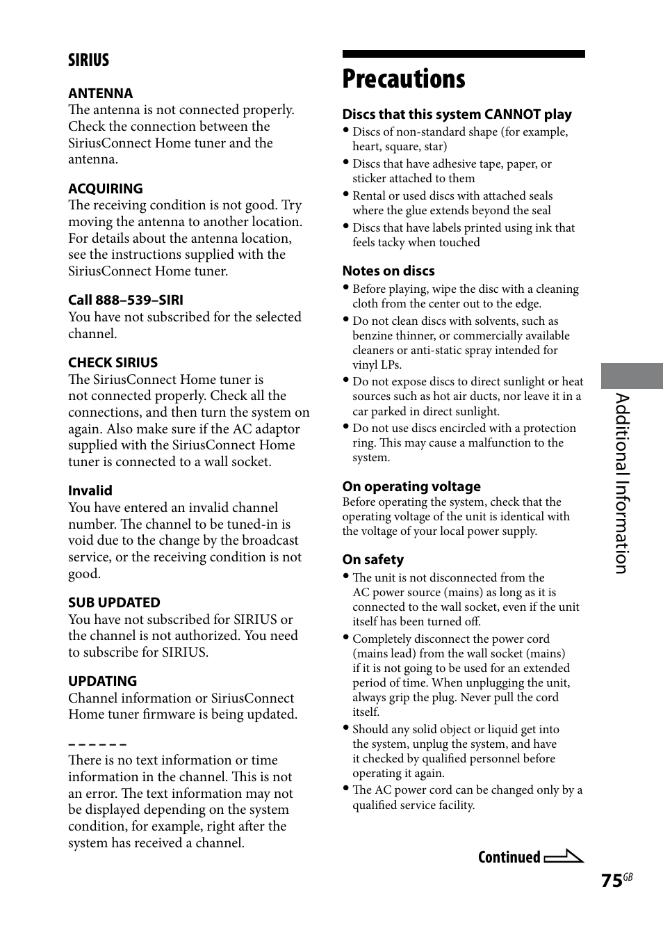 Precautions, Additional i nf or ma tion sirius, Continued | Sony CMT-DH7BT User Manual | Page 75 / 92