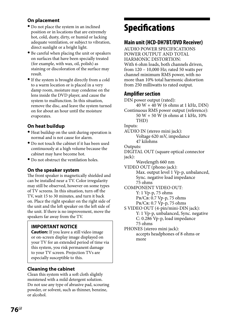 Specifications, Main unit (hcd-dh7bt/dvd receiver) | Sony CMT-DH7BT User Manual | Page 76 / 92
