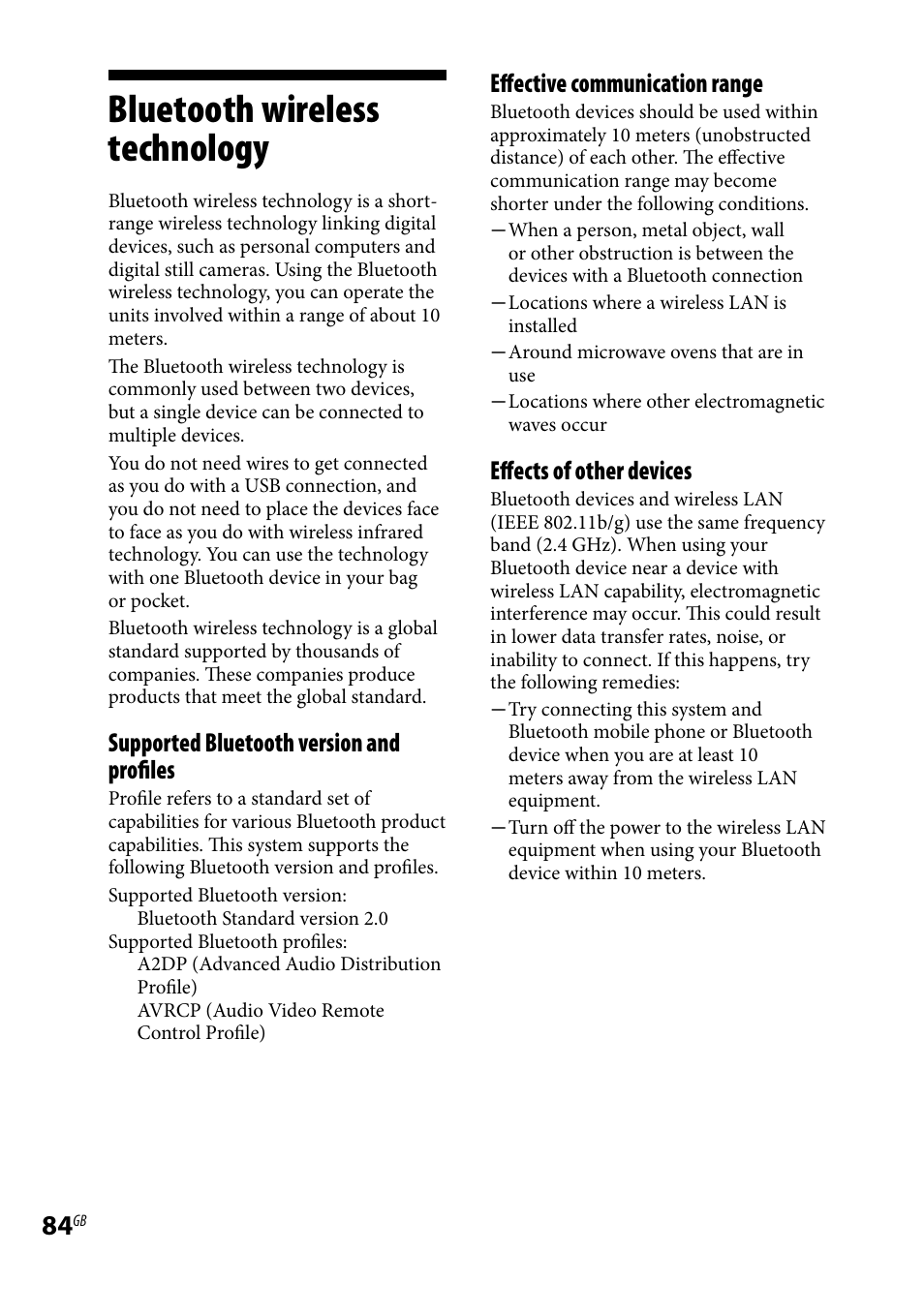 Bluetooth wireless technology, Supported bluetooth version and profiles, Effective communication range | Effects of other devices | Sony CMT-DH7BT User Manual | Page 84 / 92