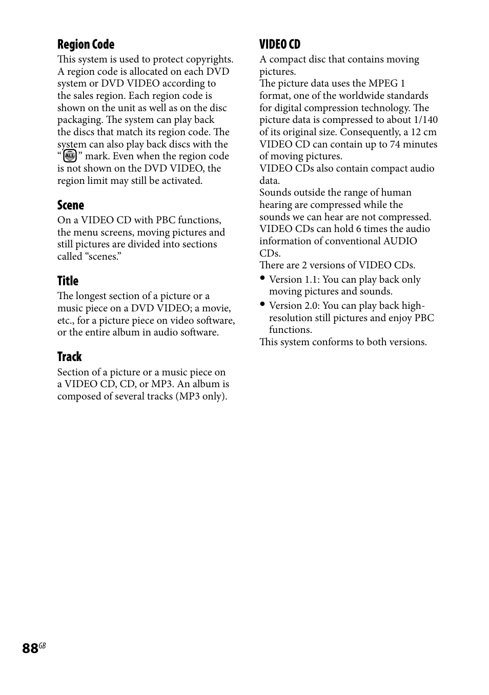 Region code, Scene, Title | Track, Video cd | Sony CMT-DH7BT User Manual | Page 88 / 92