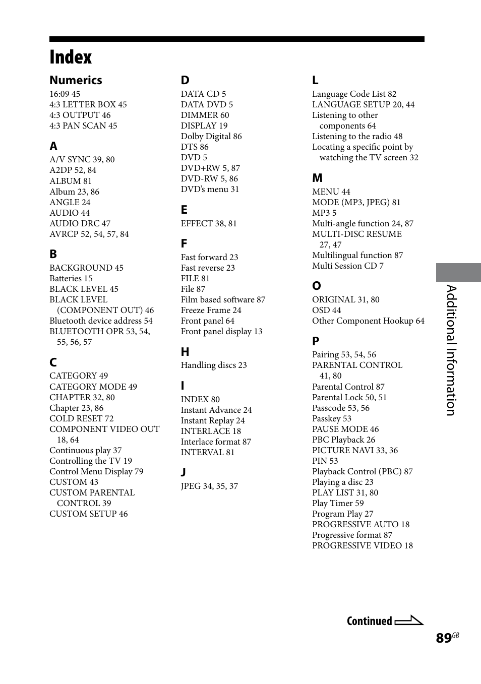 Index, Additional i nf or ma tion, Continued | Numerics | Sony CMT-DH7BT User Manual | Page 89 / 92