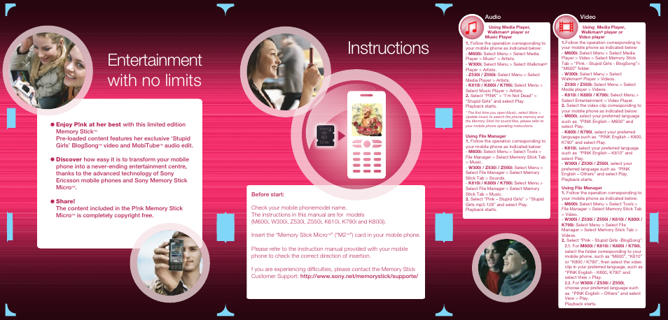 Instructions, Entertainment with no limits | Sony MSA512A-PINK User Manual | Page 2 / 2