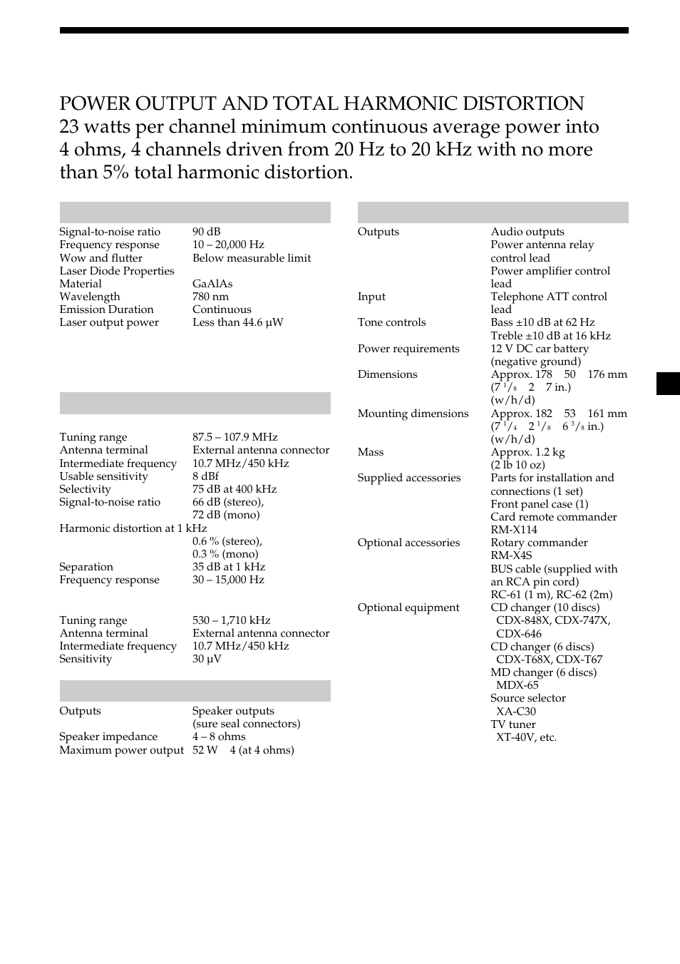 Specifications, 25 specifications, General | Audio power specifications | Sony CDX-CA660X User Manual | Page 25 / 28